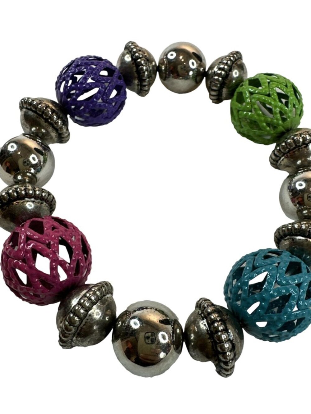 Chunky Bracelet Metal Bead Stretch Costume Jewelry Colorful Boho Silver Tone